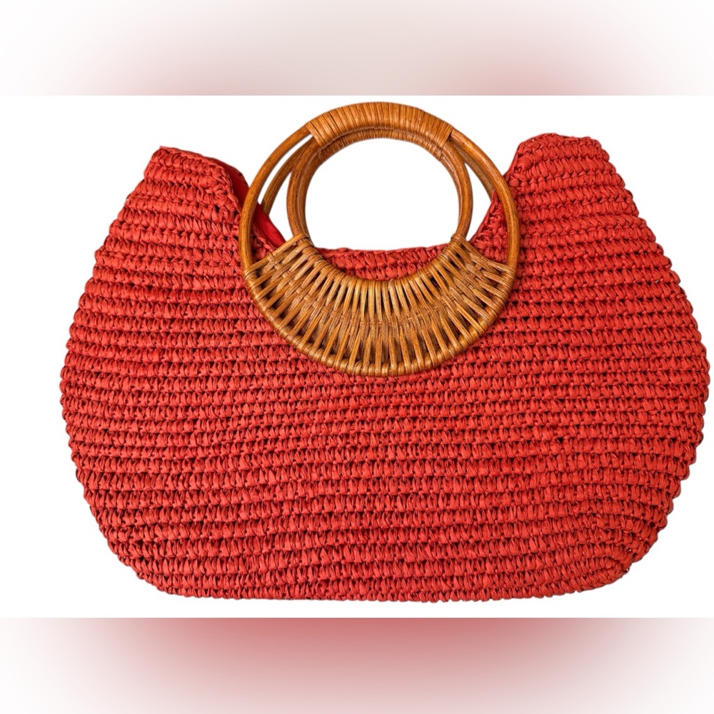 Straw Studios Woven Raffia Tote Wood Handle Boho Summer Bag